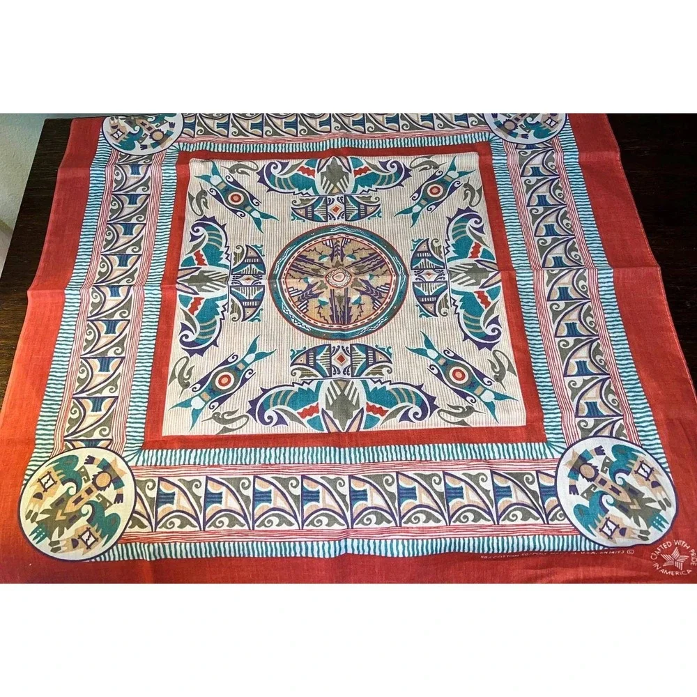 Vintage Southwestern Bandana Coral Geometric Tribal Print Made in‎ USA 21x22